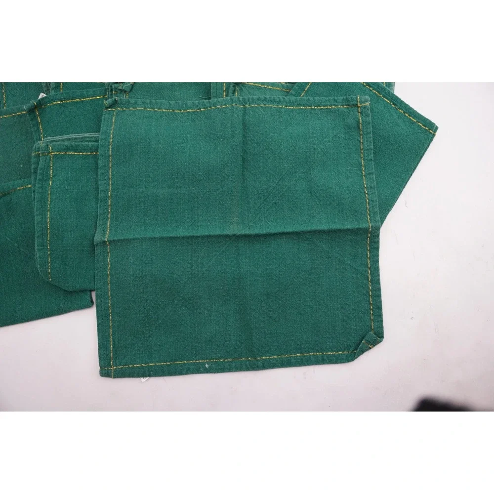 Set of 14 Vintage Christmas Green Cloth Napkins Gold Stitching Cotton - Picture 5 of 5
